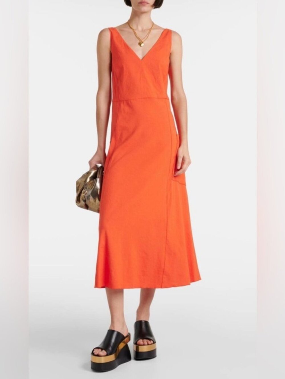 Vince Sleeveless V-Neck Midi Dress in Bright Orange
